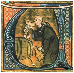 Wein im Überfluss und von guter Qualität - das dürfte nicht nur den Mönch erfreut haben. (aus: Li livres dou santé by Aldobrandino of Siena. British Library manuscript Sloane 2435, f. 44v.)